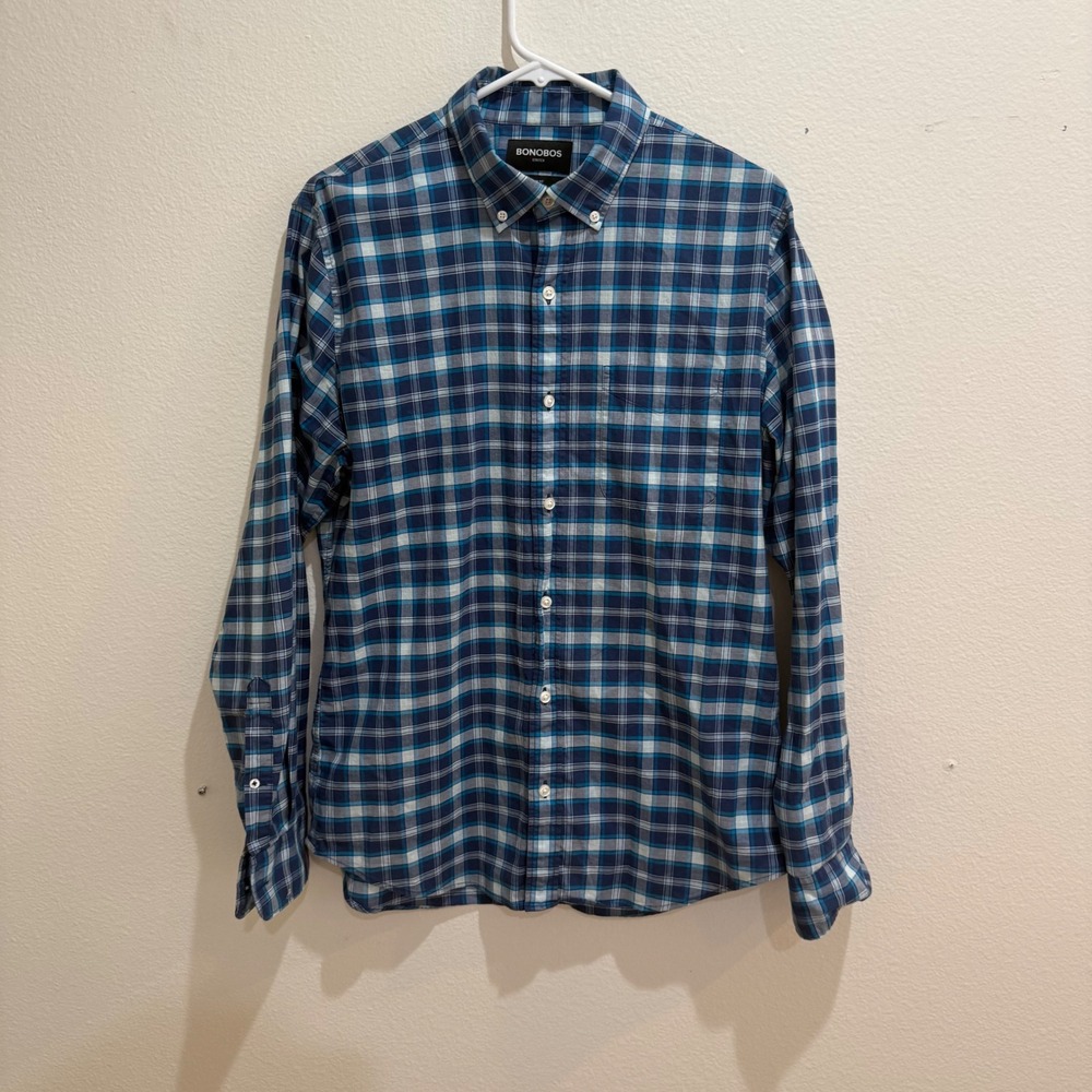 Bonobos Slim Fit Stretch Plaid Button Down Shirt Mens Medium Blue White Long Slv